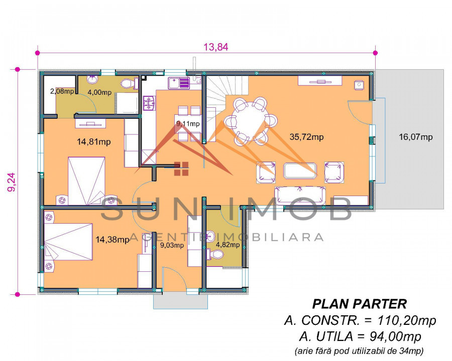 Casa Noua 2023, 3 camere, 2 grupuri sanitare 521 mp teren 3